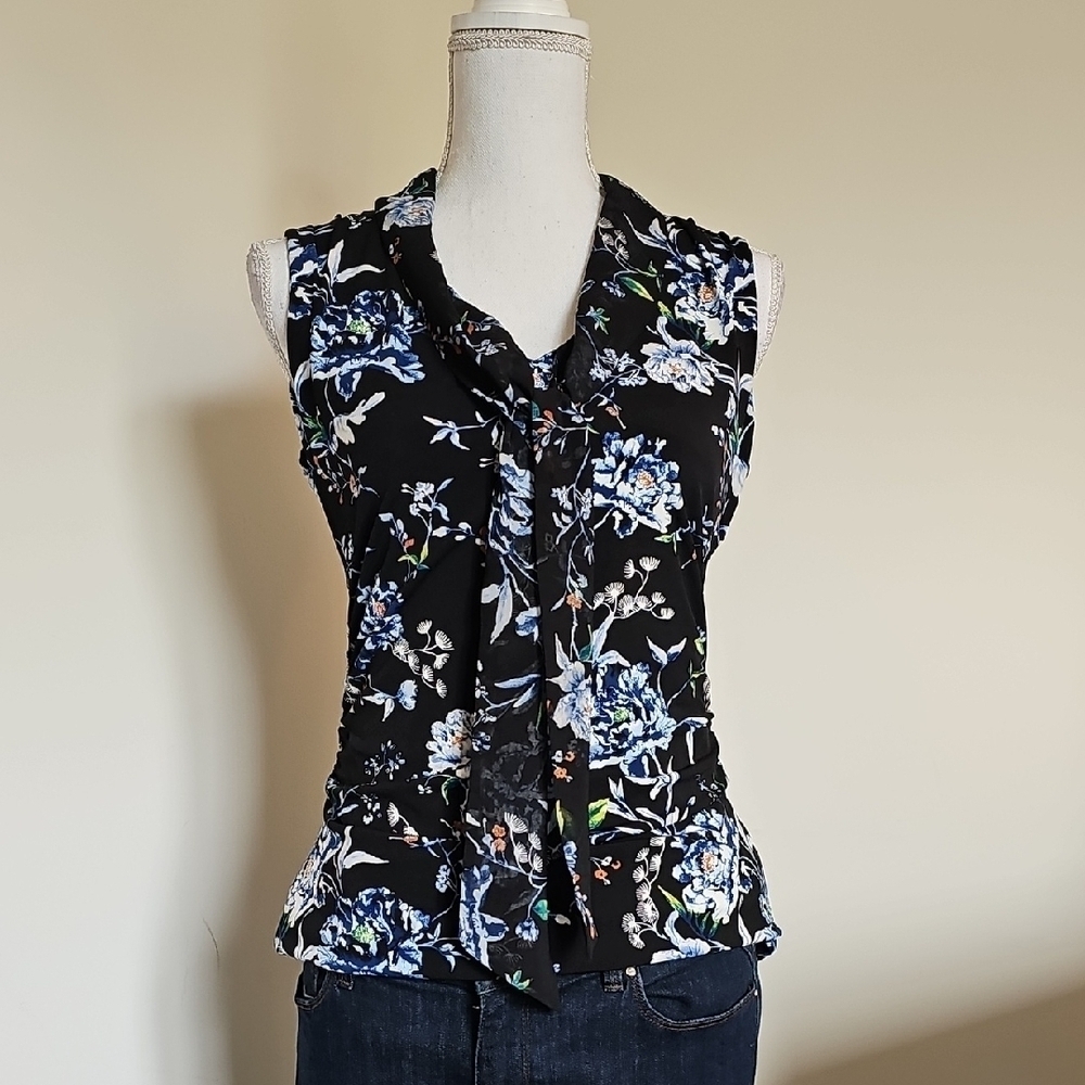 WHBM Floral Sleeveless Top - Black and Blue